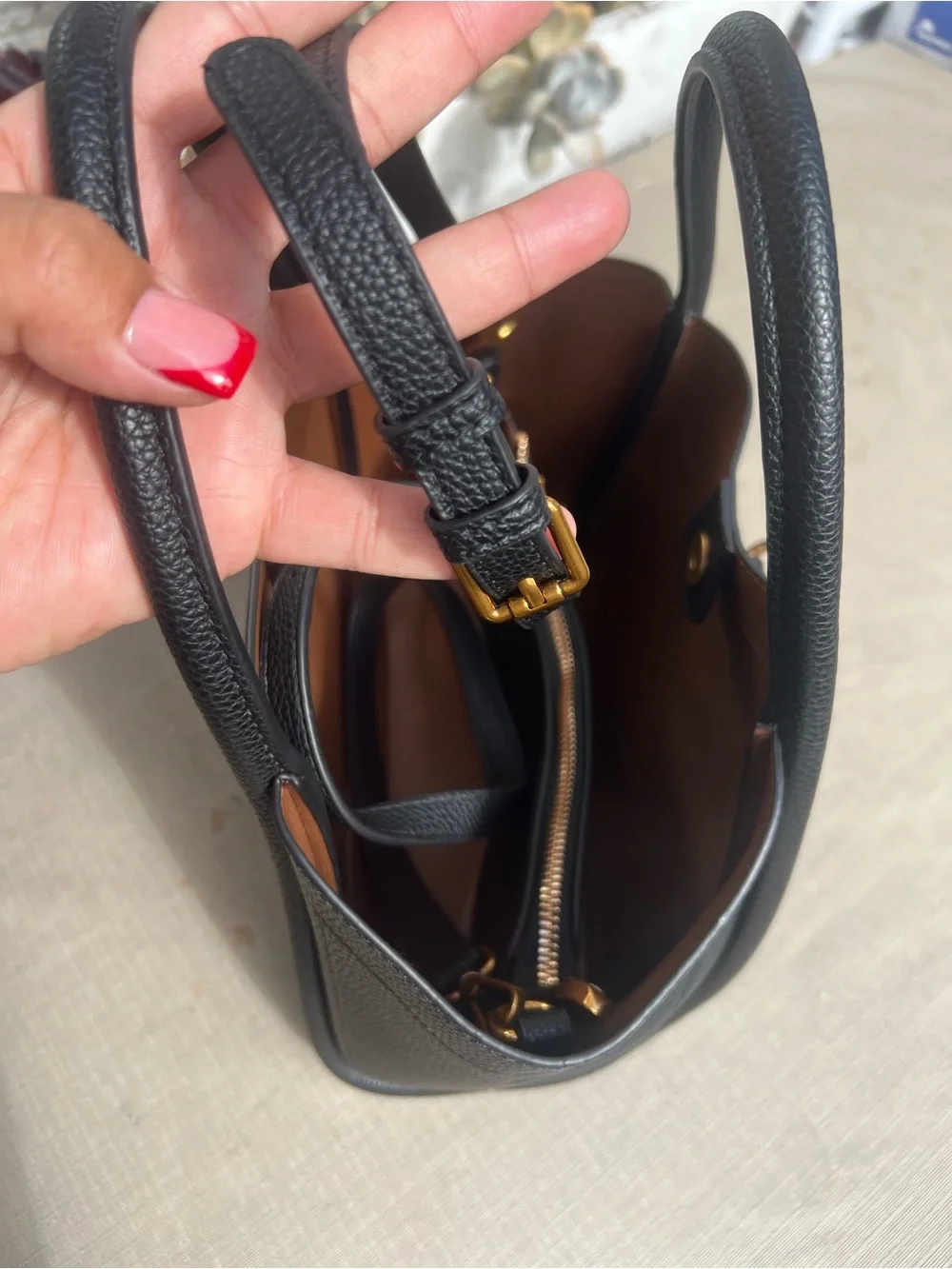 Black Pebbled Leather Tote with Gold Hardware